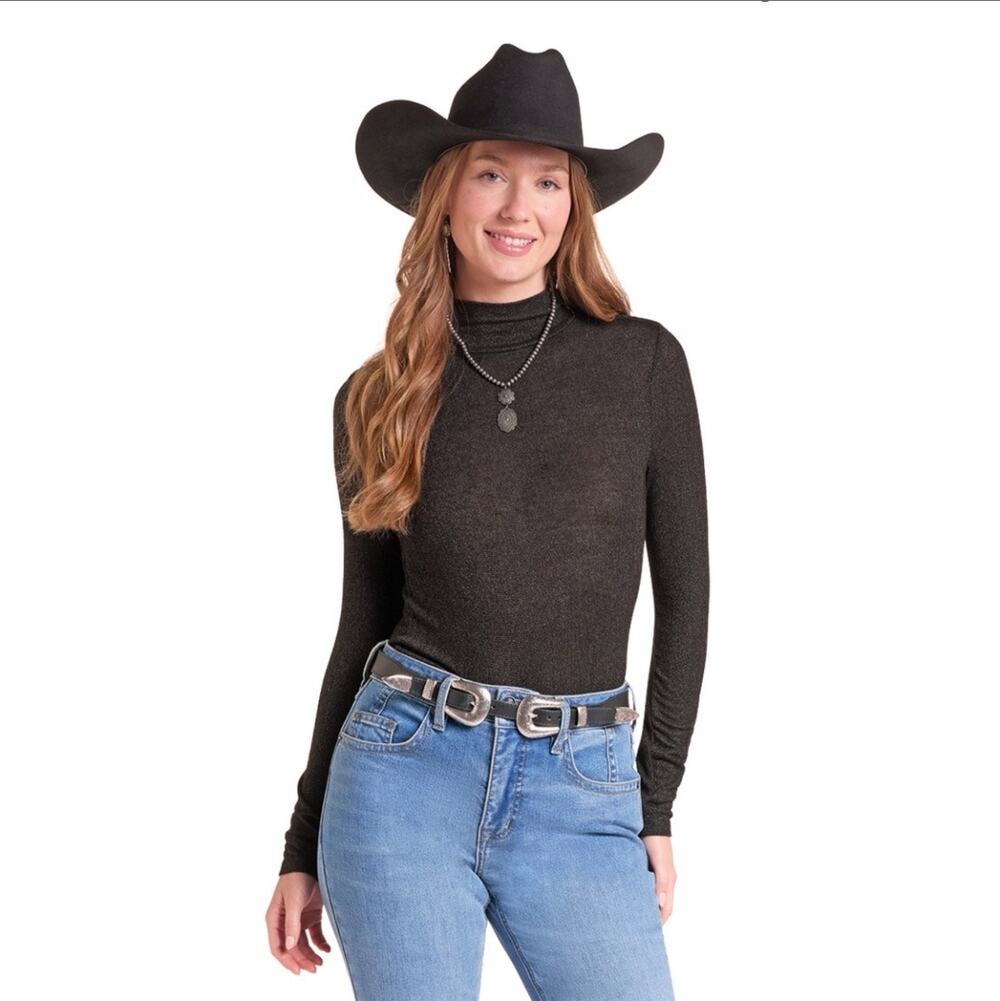 NWT Rock & Roll Cowgirl Lurex Mock Neck Black Metallic Layering Shirt Sz M